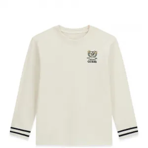 Oversize блуза за момче в млечно бял цвят с констрастни ивици и лого Guess