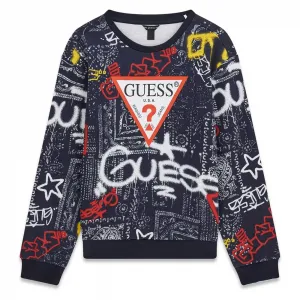 Блуза за момче в тъмносиньо с цветни графити и червено лого Guess