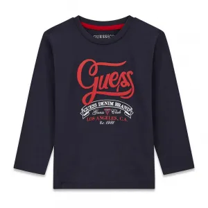 Детска памучна блуза с дълъг ръкав Guess Denim Brand – тъмносиня с червено логo