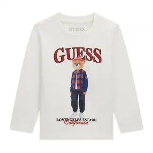 Бяла Детска памучна блуза с дълъг ръкав Guess Bear