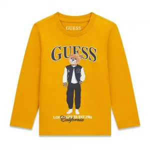 Детска памучна блуза с дълъг ръкав Guess Bear – жълта с мече