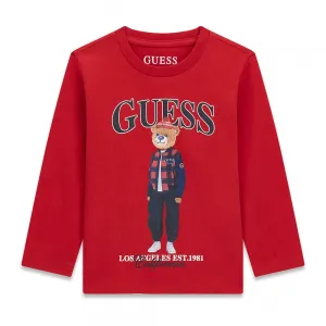 Детска памучна блуза с дълъг ръкав Guess Bear – наситено червена с мече