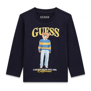 Детска памучна блуза с дълъг ръкав Guess Bear – тъмносиня с мече в жълто-синьо райе