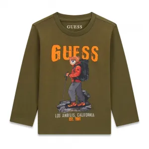 Детска памучна блуза с дълъг ръкав Guess Bear – маслиненозелена с мече планинар