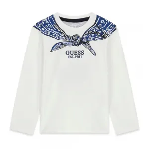 Детска памучна блуза с дълъг ръкав Guess Bandana – бяла с принт бандана