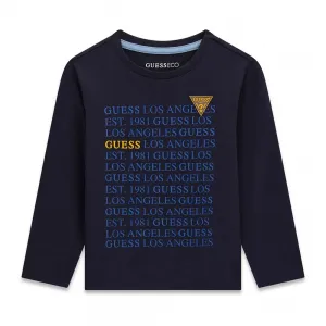 Тъмносиня детска блуза GUESS с дълъг ръкав и повтарящо се лого