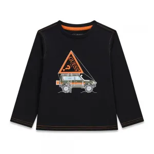 Детска памучна блуза с дълъг ръкав Guess Off-Road – черна с оранжеви детайли