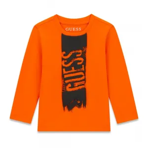 Ярка оранжева детска блуза GUESS с дълъг ръкав и вертикално лого