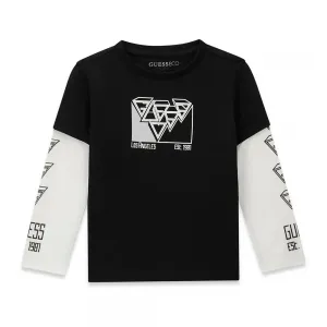 Черно-бяла детска блуза GUESS с 3D лога и контрастни ръкави