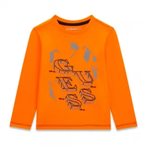 Ярка оранжева детска блуза GUESS с дълъг ръкав и планинарски 3D принт