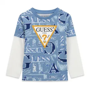 Детска блуза Guess Monogram Triangle – синя на лога с бели ръкави