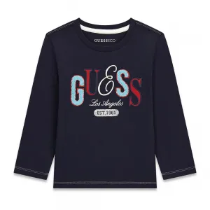 Детска памучна блуза с дълъг ръкав Guess Vintage Multi-Logo – тъмносиня с раздвижен надпис