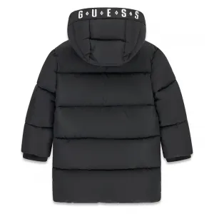 Дълго детско зимно яке GUESS с качулка и контрастен червен хастар