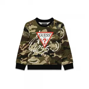 Детска памучна блуза Guess Camo Triangle – камуфлажен принт с голямо лого