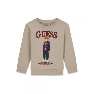Детска памучна блуза Guess Bear – бежова с мече в карирано яке