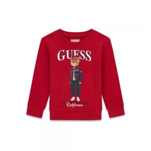 Детска памучна блуза Guess Bear – наситено червена с мече в карирано яке