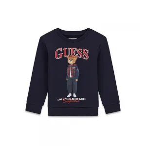 Детска памучна блуза Guess Bear – тъмносиня с мече в карирано яке