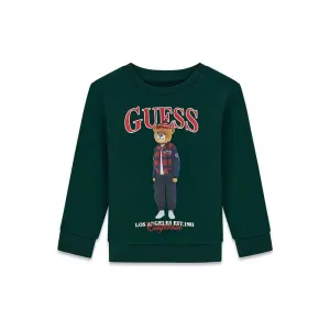 Детска памучна блуза Guess Bear – тъмнозелена с мече в карирано яке