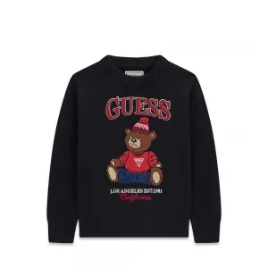 Тъмно син детски плетен пуловер GUESS с мече и лого