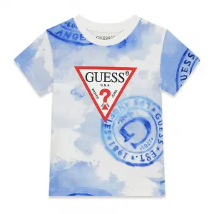 Синьо-бяла тениска за мини момче с червено лого Guess