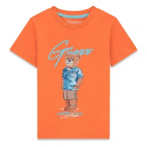 Оранжева тениска за мини момче с цветно мече отпред и син надпис Guess