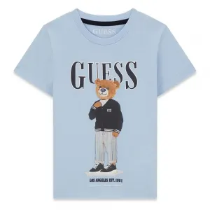 Светлосиня тениска за мини момче с цветно мече отпред и тъмносин надпис Guess