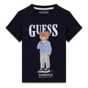 Тъмносиня тениска за мини момче с цветно мече отпред и бял надпис Guess
