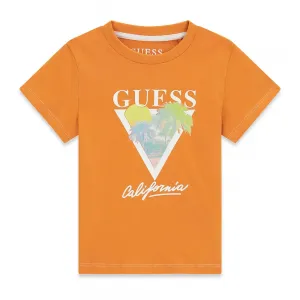 Оранжева тениска за мини момче с бял надпис Guess и палми