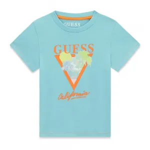 Синьо-зелена тениска за мини момче с оранжев надпис Guess и палми