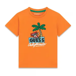 Оранжева тениска за мини момче с цветна палма и надпис Guess