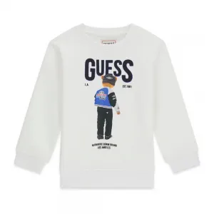 Блуза в бял цвят за мини момче с цветно мече и тъмно син надпис Guess