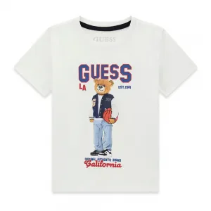 Тениска в бял цвят за мини момче с цветно мече и син надпис Guess