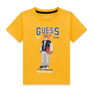 Тениска в жълт цвят за мини момче с цветно мече и син надпис Guess