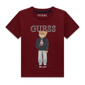 Тениска в цвят бордо за мини момче с цветно мече и тъмносин надпис Guess