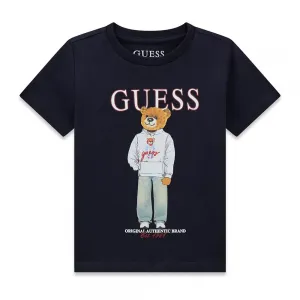 Тениска в тъмносин цвят за мини момче с цветно мече и бял надпис Guess