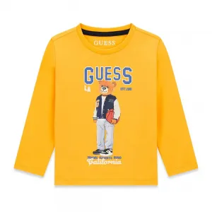 Блуза в жълт цвят за мини момче с цветно мече и син надпис Guess