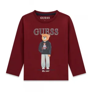 Блуза в цвят бордо за мини момче с цветно мече и тъмносин надпис Guess