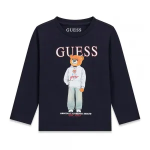 Блуза в цвят тъмносиньо за мини момче с цветно мече и бял надпис Guess