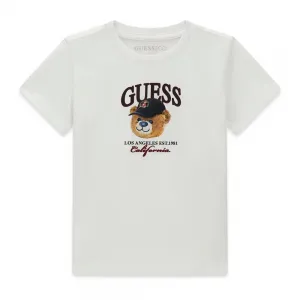 Бяла тениска за мини момче с мечка и надпис Guess