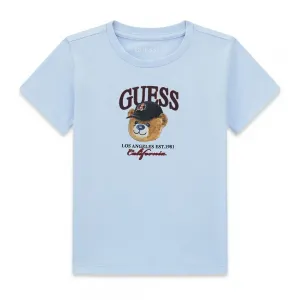 Светло синя тениска за мини момче с мечка и надпис Guess