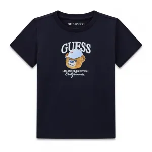 Тъмно синя тениска за мини момче с мечка и надпис Guess