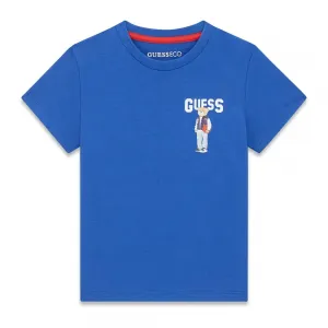 Синя тениска за мини момче с бял надпис Guess и малко мече