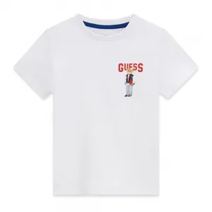 Бяла тениска за мини момче с червен надпис Guess и малко мече