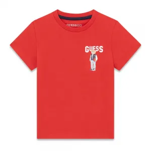 Червена тениска за мини момче с бял надпис Guess и малко мече