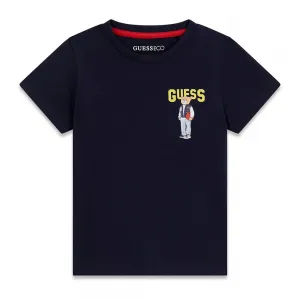 Тъмносиня тениска за мини момче с жълт надпис Guess и малко мече