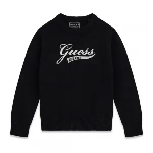 Черен пуловер за мини момче с бял бродиран надпис Guess