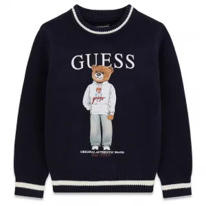 Детски плетен пуловер Guess Bear – Наситено тъмносин
