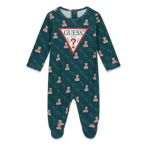Бебешки памучен гащеризон Guess Bear Monogram – петролено зелен с цялостен принт и голямо лого