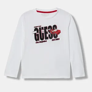 Бяла блуза за мини момче с ярък надпис Guess