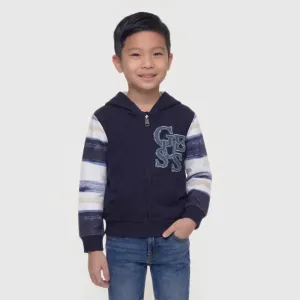 Тъмно син суичър с цветни ръкави за мини момче с бродиран надпис Guess